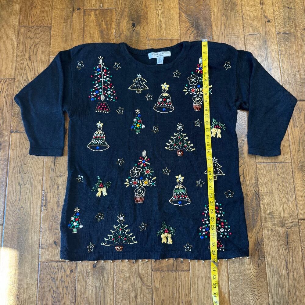 VTG Victoria Jones Christmas Tree Sweater Black Beaded Embroidered Plus Size 1X - Picture 4 of 6